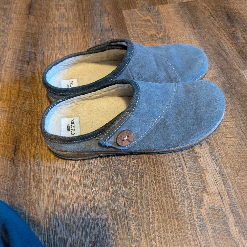 Origins Gray Suede Mules with Button Detail